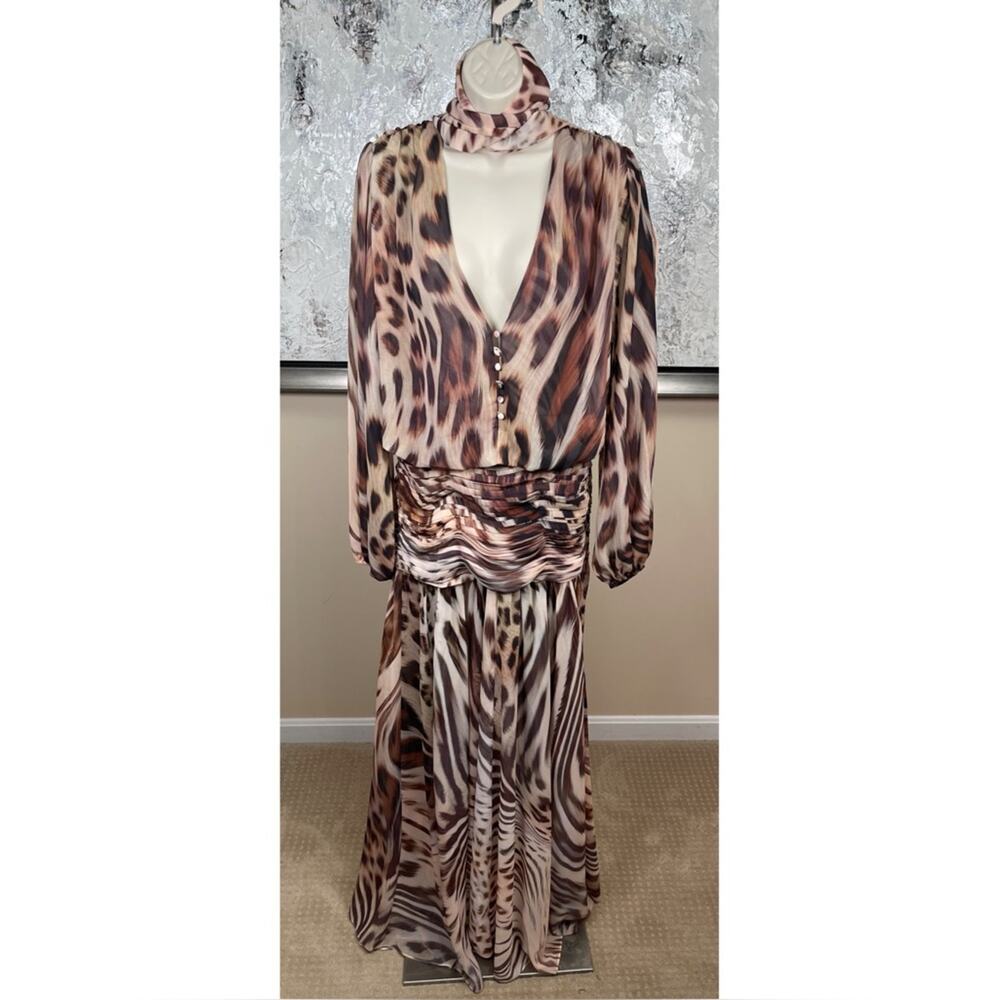 RETROFETE Opaline Long Sleeve Animal Print Ruched Draped Neck Maxi Dress Sz XS - Picture 4 of 9